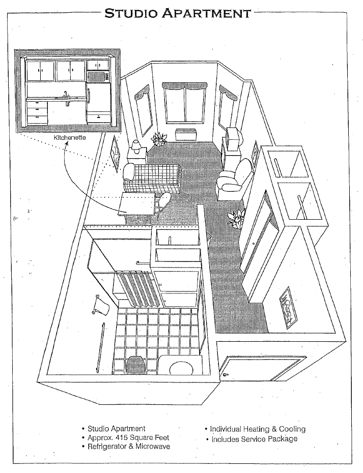 3D floor plan of a one-bedroom apartment layout.