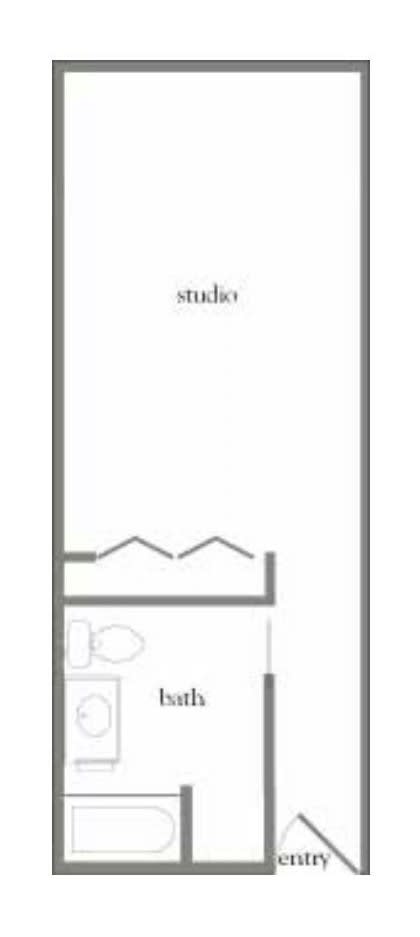 A simple floor plan of a studio apartment featuring a combined living and sleeping area with a small bathroom.