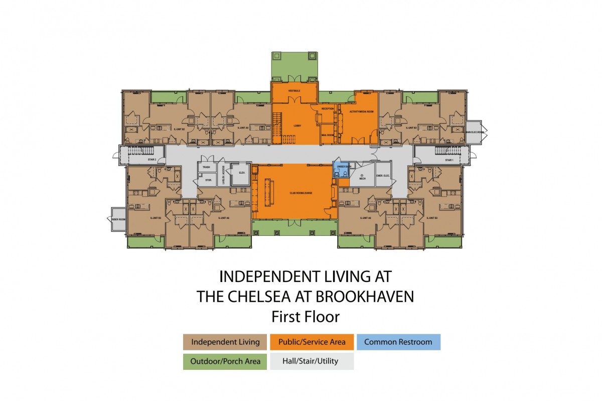 Floor plan of the first floor for independent living at The Chelsea at Brookhaven.