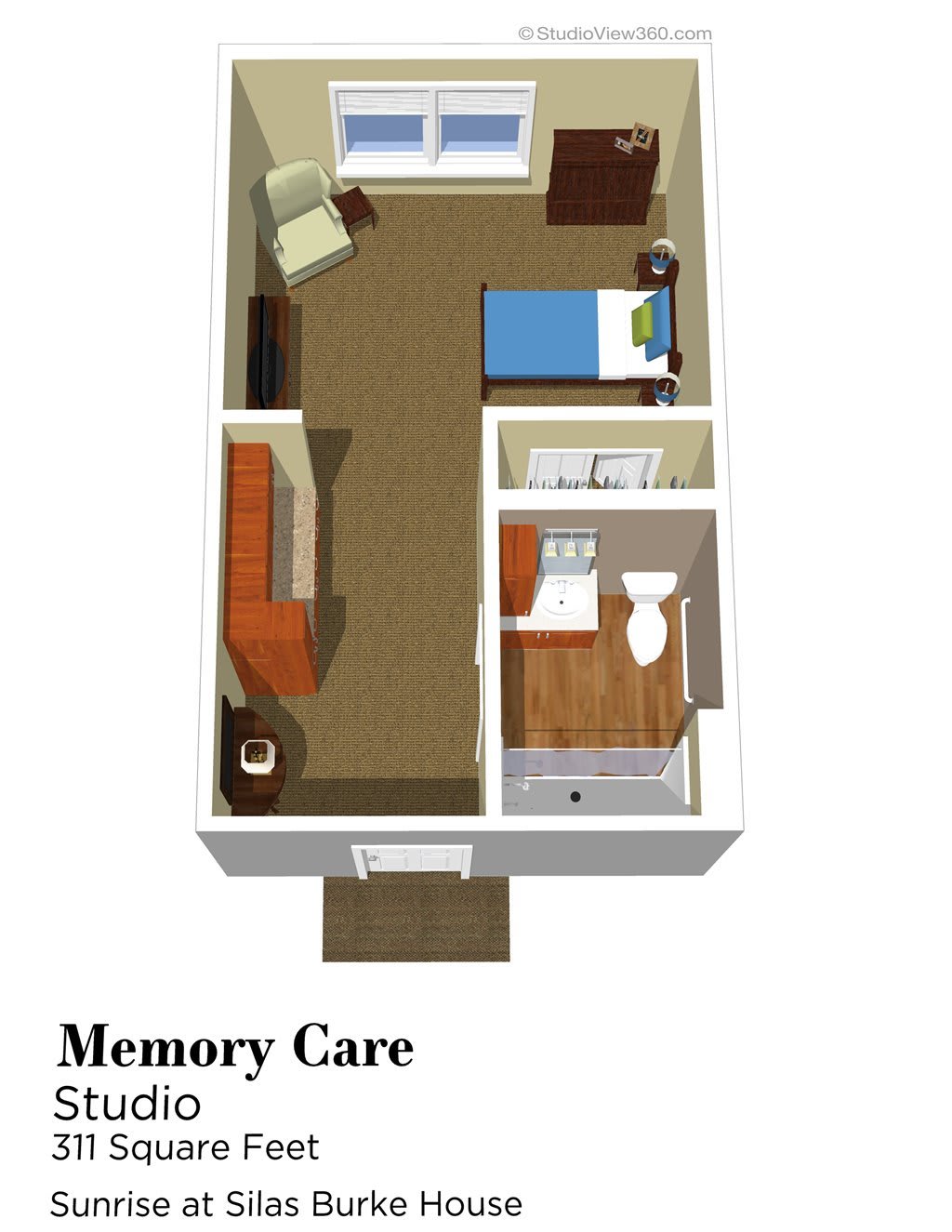 3D floor plan of a memory care room with furniture layout.