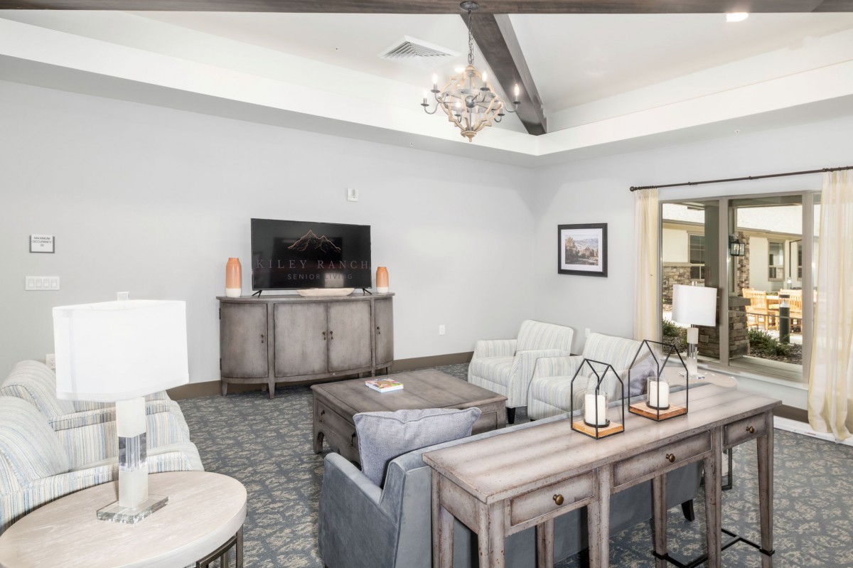 A cozy living room with modern furniture, featuring a TV, chandelier, and decorative elements.