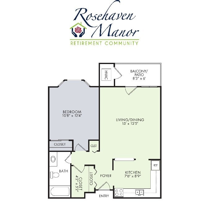 Floor plan of a one-bedroom apartment featuring a living room, kitchen, and dining area.