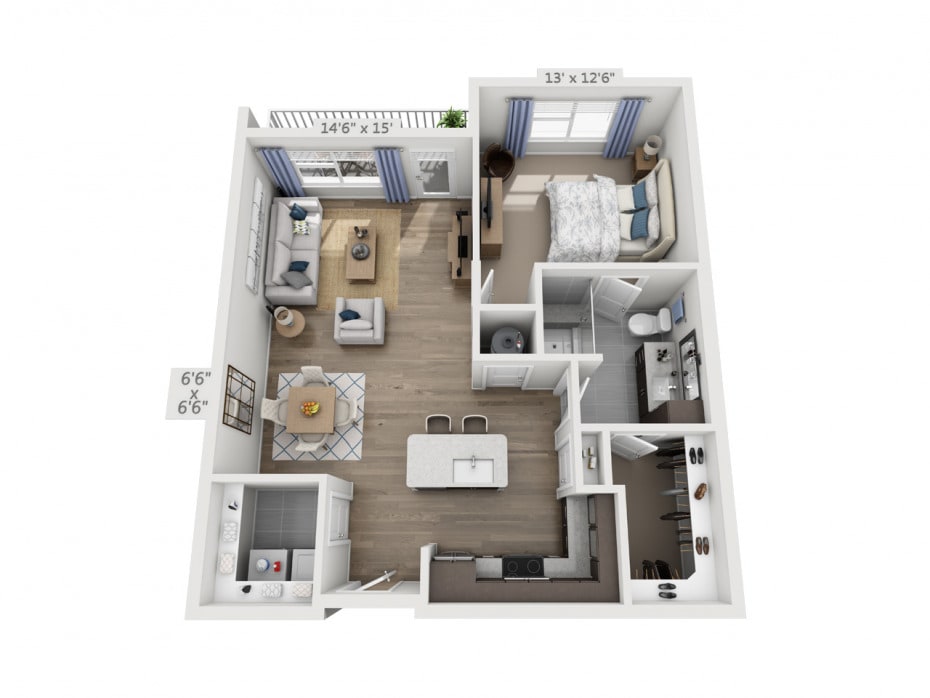 A detailed floor plan of a one-bedroom apartment featuring a kitchen, living room, bathroom, and balcony.