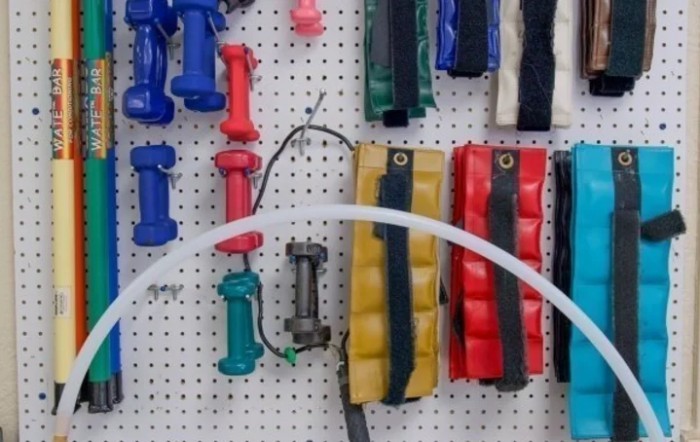 Colorful tool handles organized on a pegboard.