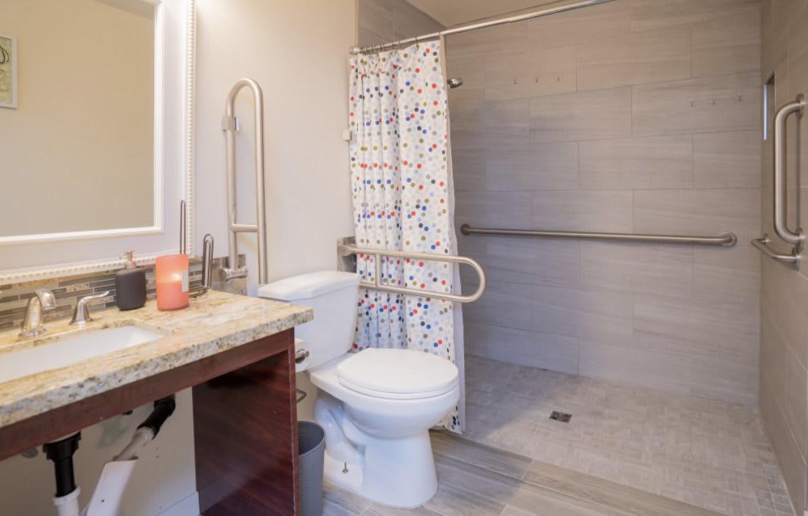 An accessible bathroom featuring a toilet with grab bars, a shower area with a curtain, and a sink with a mirror.