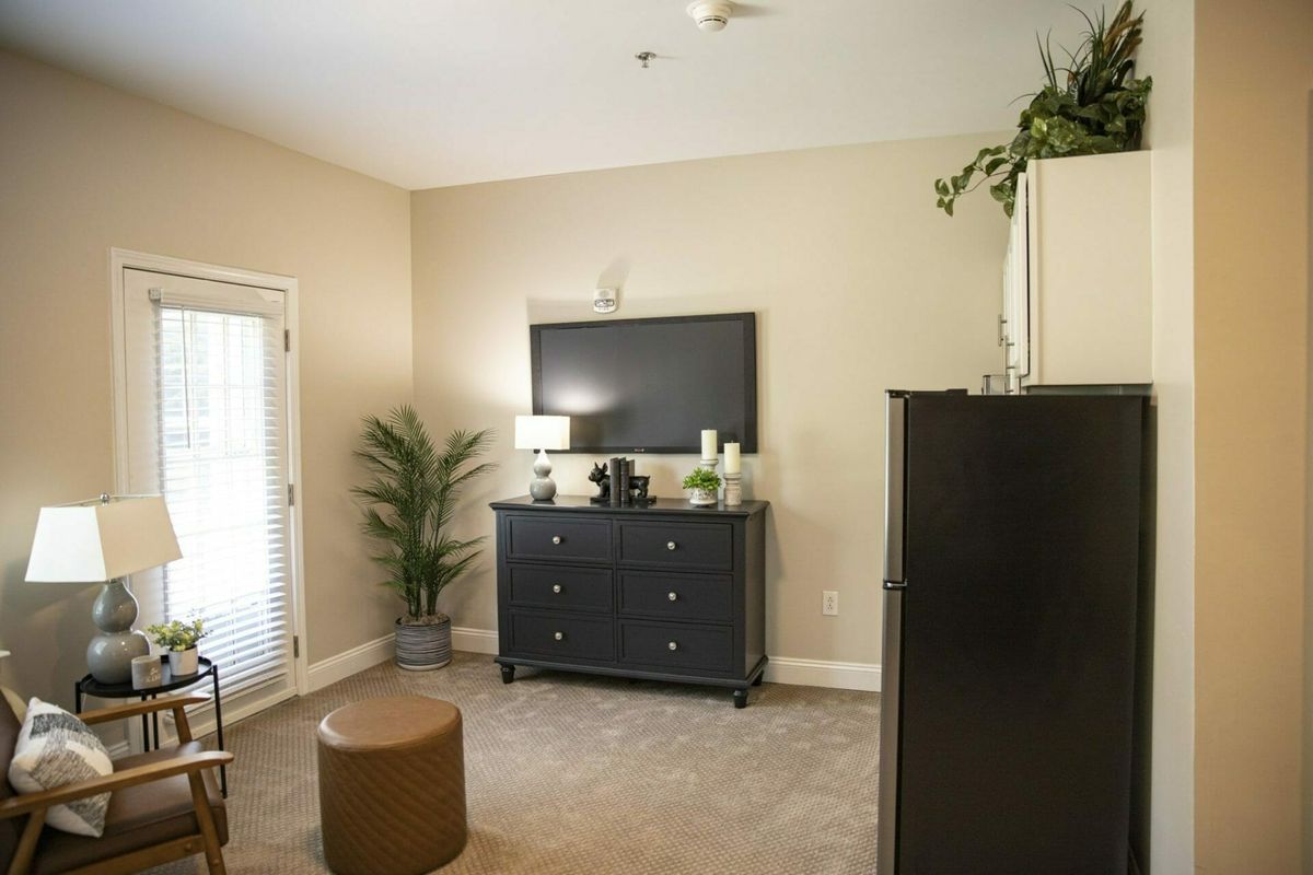 A modern living room with a television mounted above a dresser, a floor plant, and cozy lighting.