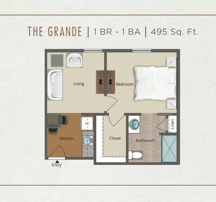 The Grande: A cozy 495 sq. ft. apartment featuring a 1-bedroom, bathroom, kitchen, and living area.