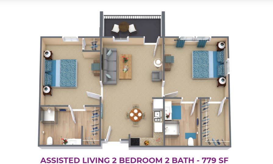 A detailed floor plan of a two-bedroom, two-bathroom assisted living apartment.