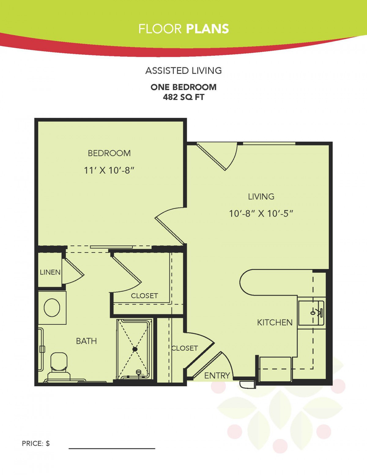 A floor plan of a one-bedroom apartment measuring 488 square feet.