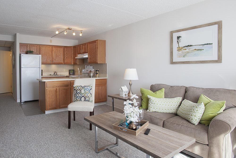 A modern apartment featuring an open-plan living room and kitchen with stylish decor.