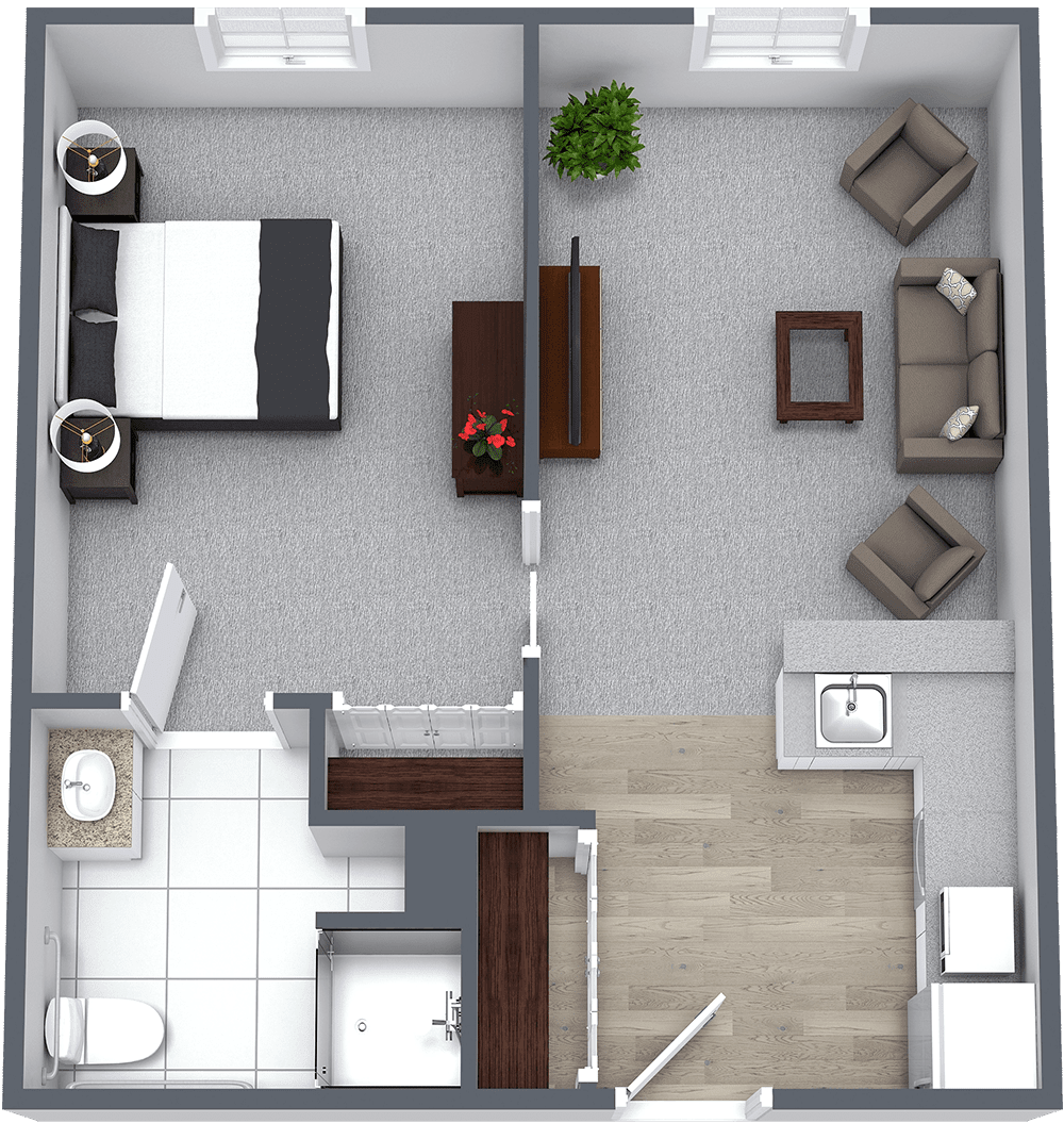 A 3D floor plan of a small, one-bedroom apartment featuring a bedroom, living room, kitchen, and bathroom.