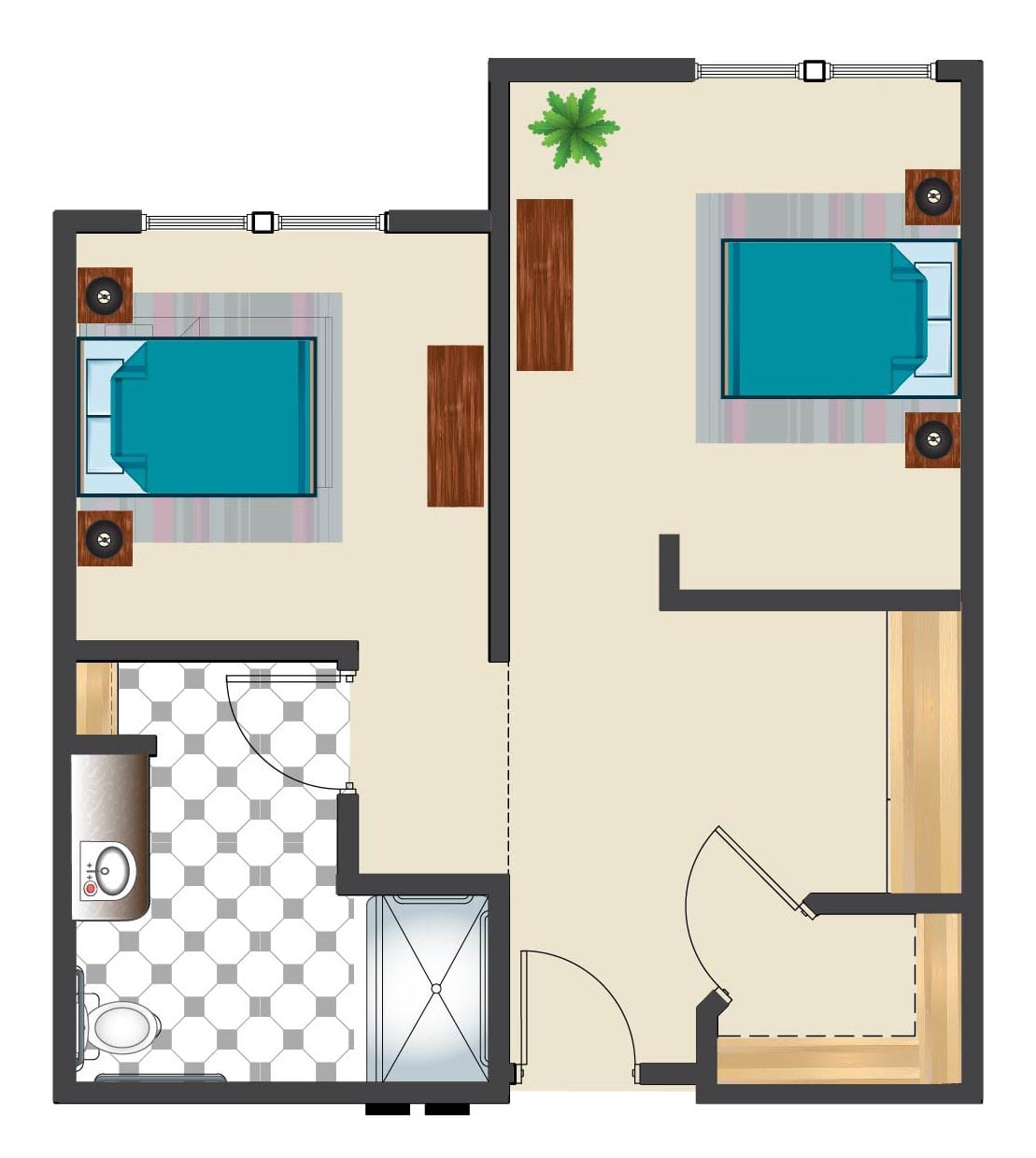 A simple two-bedroom apartment floor plan with a bathroom and living area.