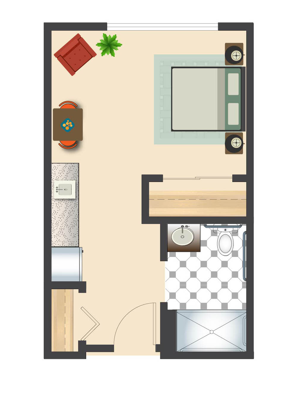 A compact apartment floor plan featuring a bedroom, living area, and bathroom.
