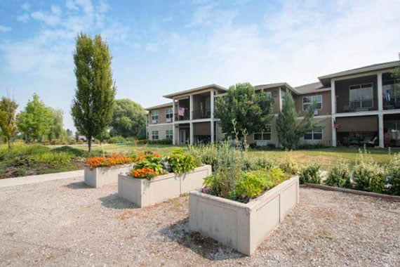 A well-maintained apartment building with landscaped gardens and planter boxes.