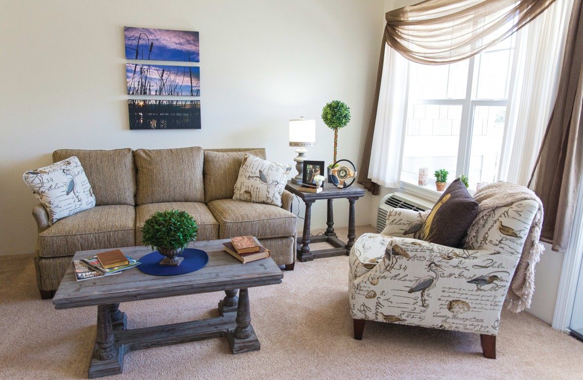 A cozy living room featuring a beige sofa, patterned armchair, and wooden coffee table adorned with decorative items and indoor plants.