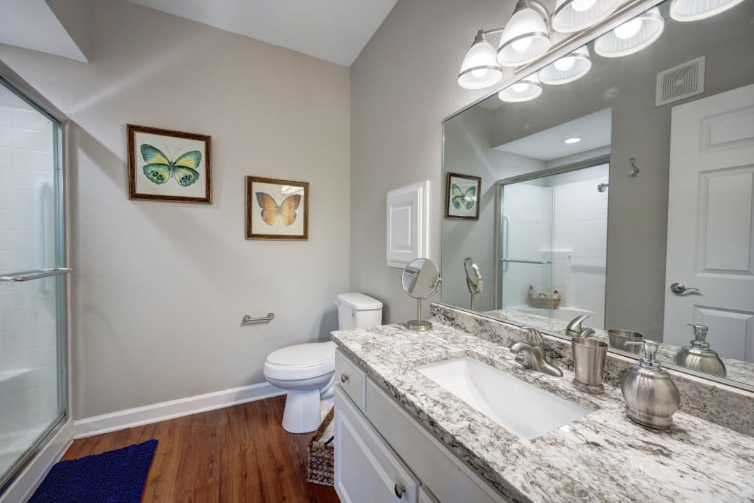 A modern bathroom with a granite countertop, decorated with framed artwork and bright lighting.