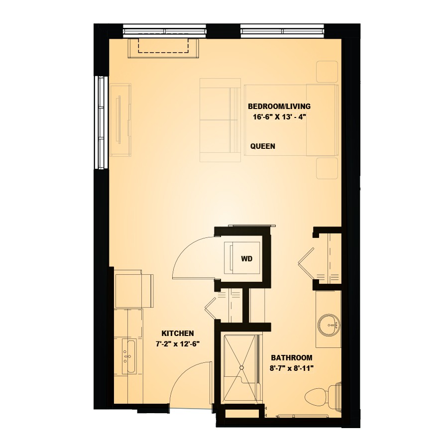 A floor plan of a small studio apartment showing the layout of the living area, kitchen, and bathroom.