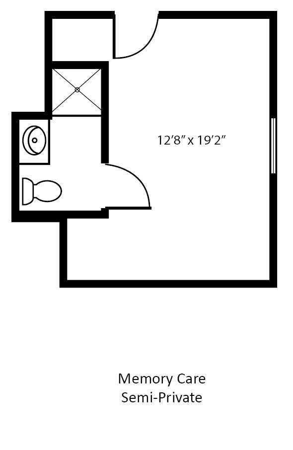 A floor plan of a small room with an attached bathroom, featuring dimensions.