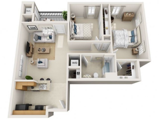 A detailed floor plan of a two-bedroom apartment featuring a living room, kitchen, and bathroom.