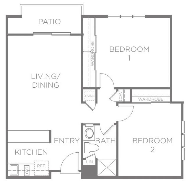 A floor plan of an apartment with two bedrooms, a kitchen, and a patio.