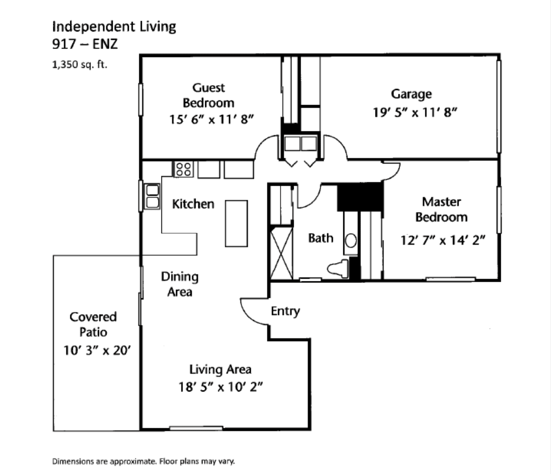 Floor plan of an independent living space featuring two bedrooms, a kitchen, and a garage.
