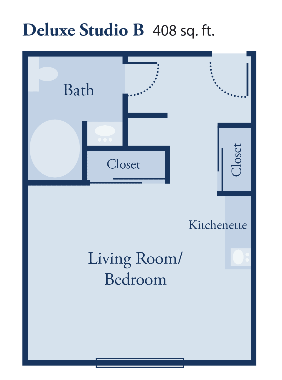 Studio apartment floor plan with living room/bedroom, bath, closet, and kitchenette.