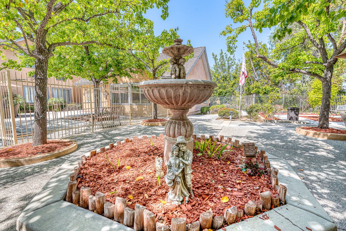 A decorative garden fountain surrounded by trees and sunlight.