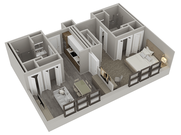 A detailed 3D model of an apartment floor plan showing the interior layout.