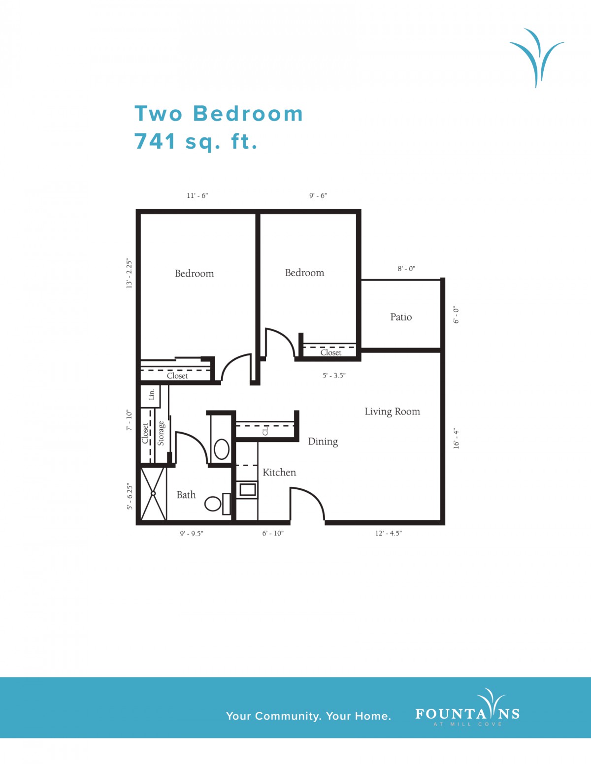 A floor plan of a two-bedroom apartment measuring 741 square feet.