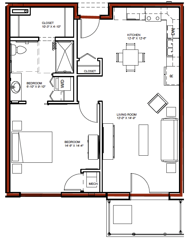 This is a floor plan of a two-bedroom apartment, showing room layouts and furniture arrangements.