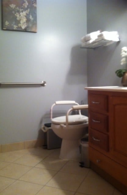 An accessible bathroom with a safety bar and toilet.