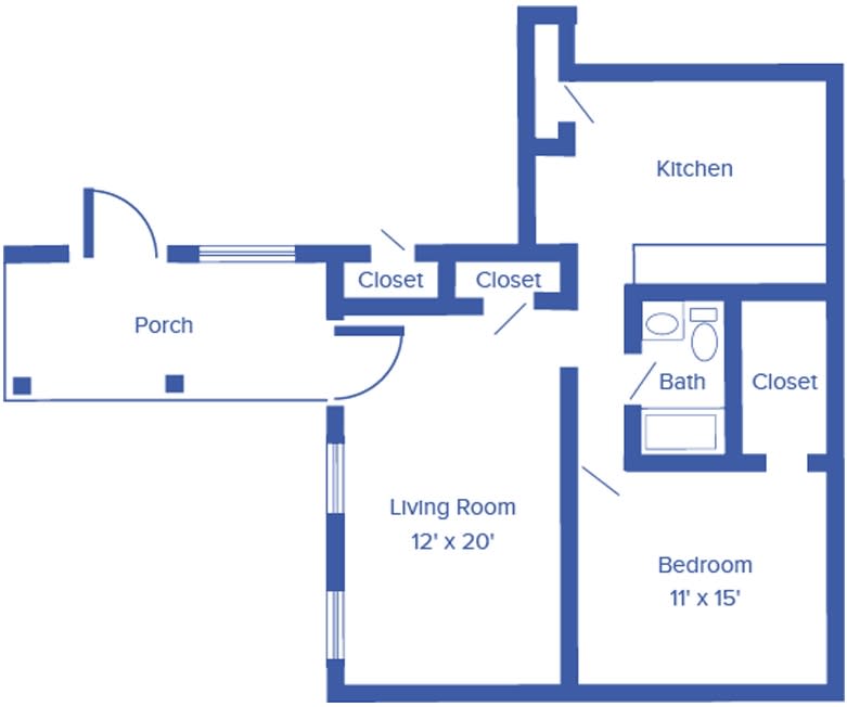 A simple floor plan depicting the layout of a one-bedroom apartment with labeled rooms.