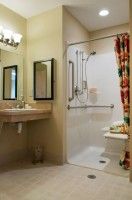 A bathroom featuring a sink, mirrors, and an accessible shower with a colorful curtain.