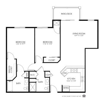 A floor plan layout of an apartment featuring multiple rooms and a balcony.