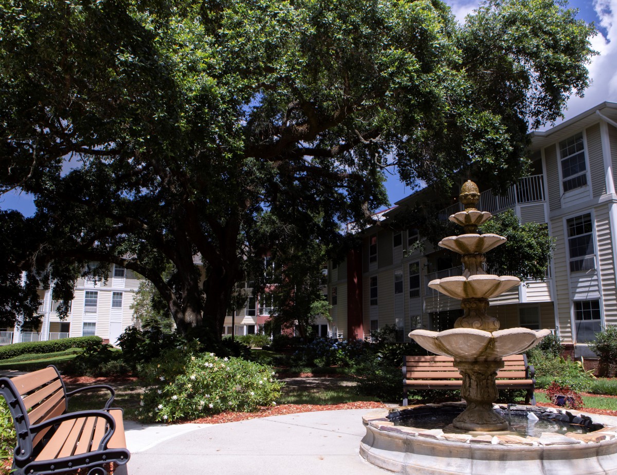 A serene garden with a multi-tiered fountain and benches, surrounded by lush trees and dappled sunlight.