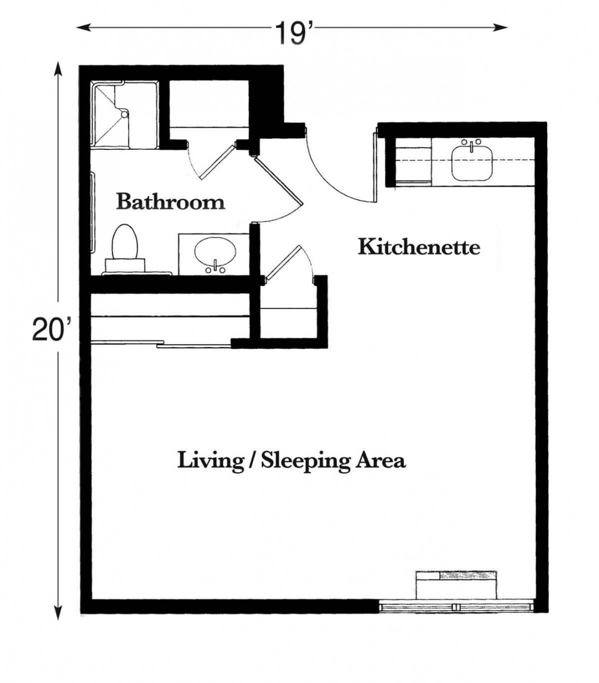 Studio apartment floor plan with kitchenette, bathroom, and living/sleeping area.