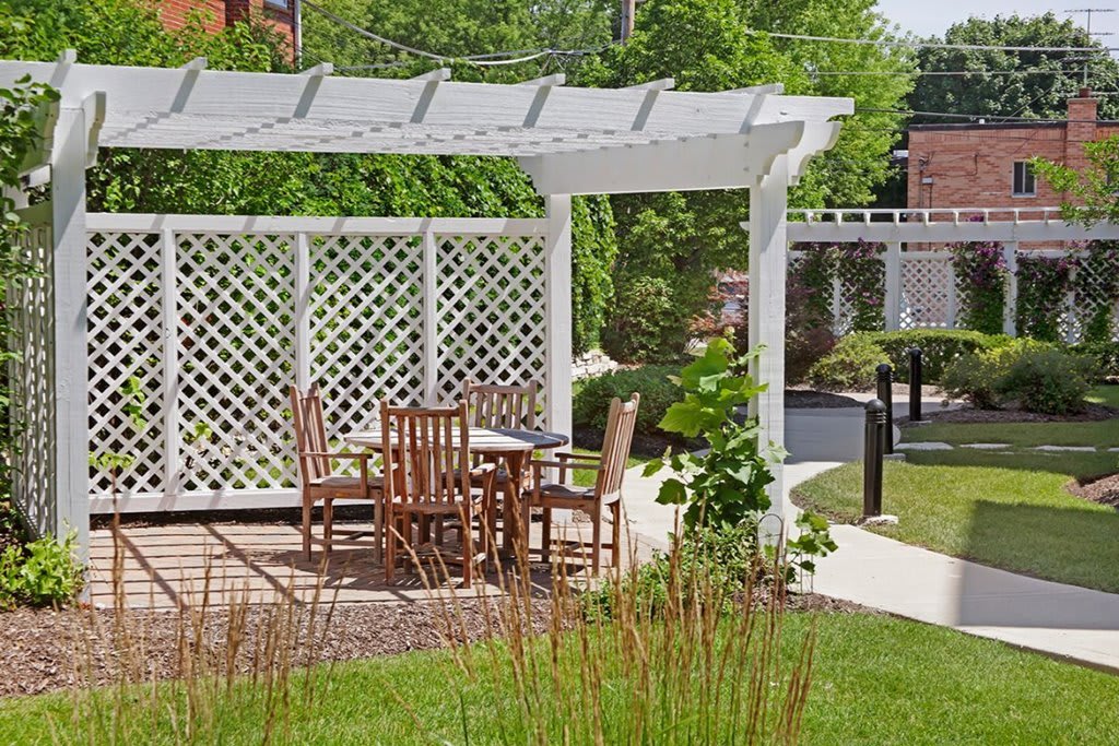 A cozy outdoor seating area with a wooden pergola surrounded by lush greenery.