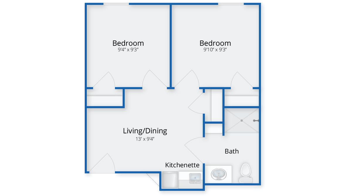 A floor plan of an apartment with two bedrooms, a living/dining area, kitchenette, and bathroom.