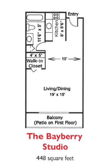 The Raspberry: One-bedroom apartment floor plan with a living/dining area, kitchen, walk-in closet, and balcony.