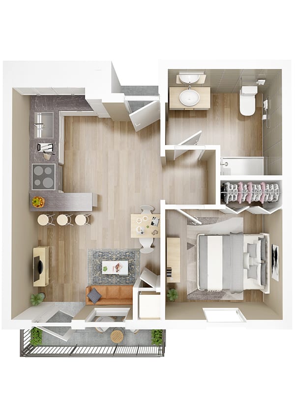 A compact one-bedroom apartment floor plan featuring an open kitchen, living area, bathroom, and walk-in closet.