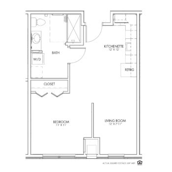 A detailed floor plan of a small apartment, showing the layout including rooms and fixtures.