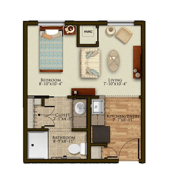 A one-bedroom apartment floor plan featuring a living room, kitchen, and bathroom.