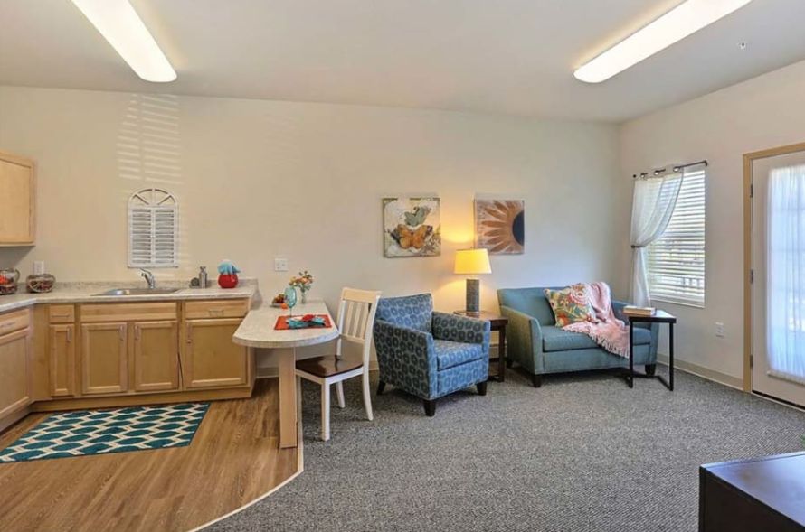 A cozy living area with a kitchenette, complete with comfortable seating and modern decor.