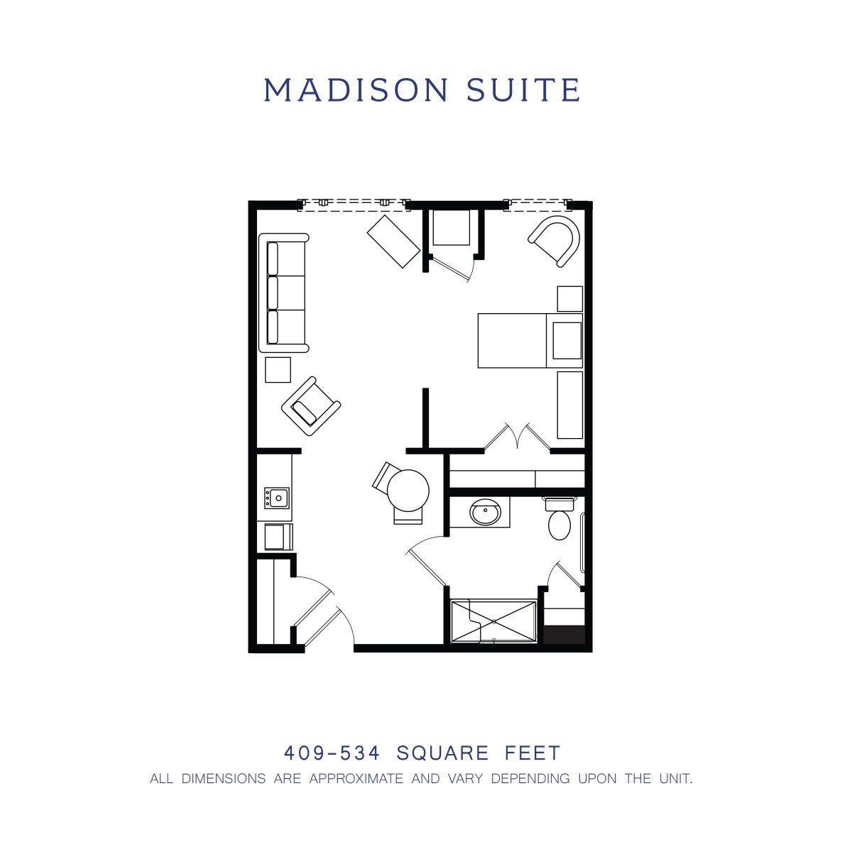 Floor plan of the Madison Suite, ranging from 706 to 834 square feet.