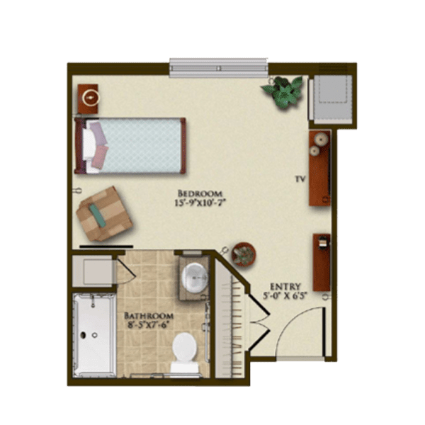 A floor plan of a studio apartment featuring a combined bedroom and living area with an adjacent bathroom.