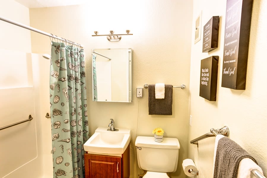 A neatly organized bathroom with a sink, toilet, and shower curtain.