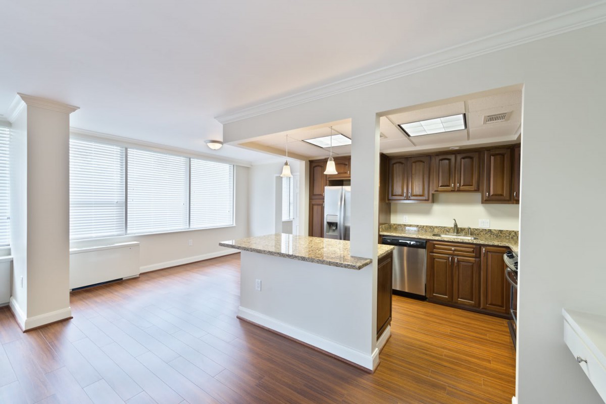 A spacious open-concept kitchen and living area featuring modern wooden cabinetry and ample natural light.