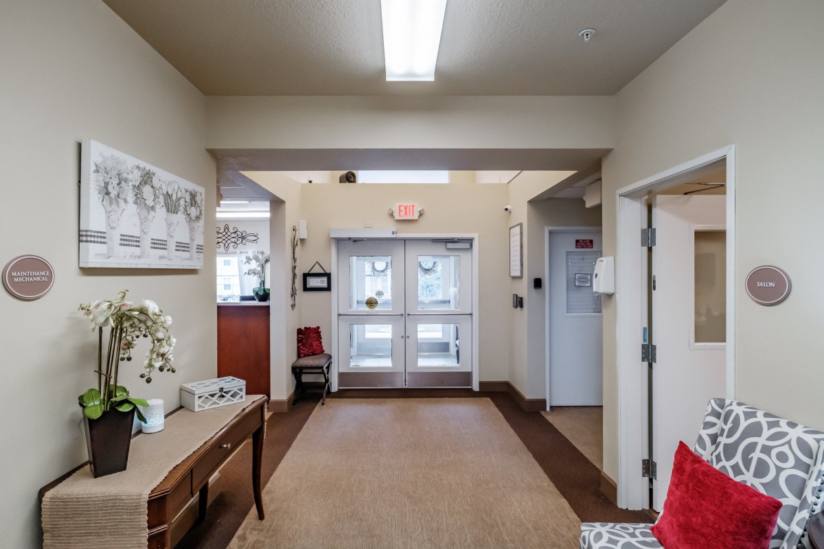 A well-lit hallway with entrance doors and decorative elements.