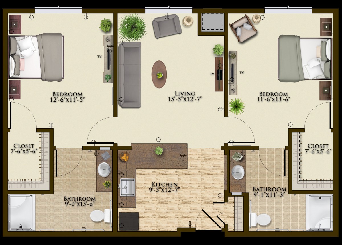 A detailed floor plan of a two-bedroom apartment featuring a central living room, kitchen, and two bathrooms.