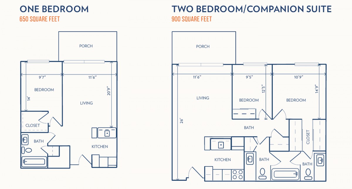 Blueprints of a studio and two-bedroom/combo apartment layout.